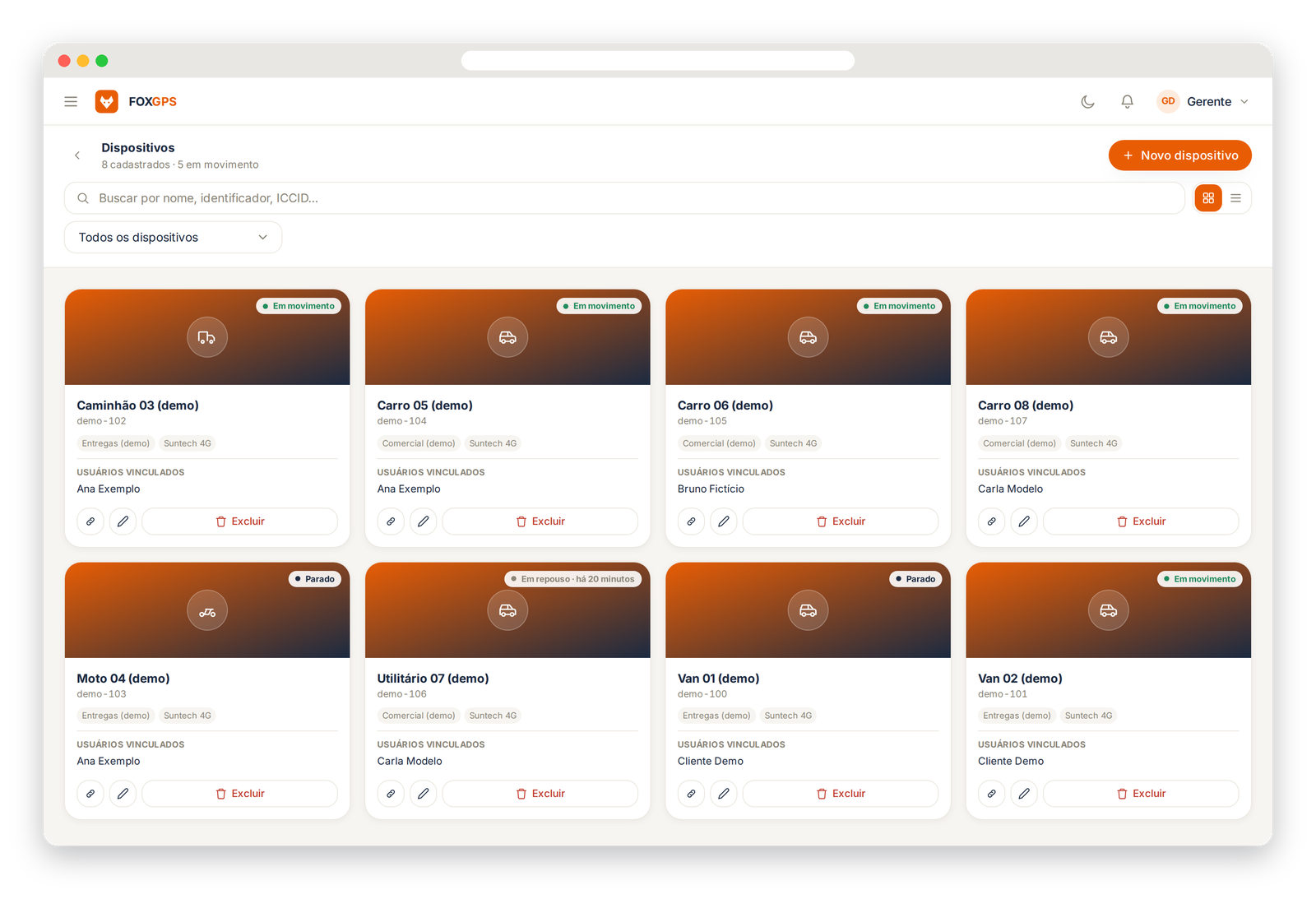 Pantalla de dispositivos del gerente en FoxGPS web: ocho vehículos de ejemplo (vans, autos, moto, camión y utilitario) en tarjetas, con grupo, modelo del rastreador y usuarios vinculados
