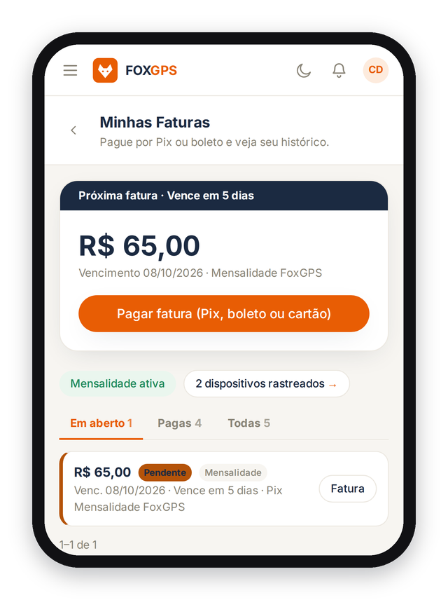 Mis Facturas en la app del cliente final: próxima factura de R$ 65,00 con botón para pagar por Pix, boleto o tarjeta, y la lista de facturas pendientes