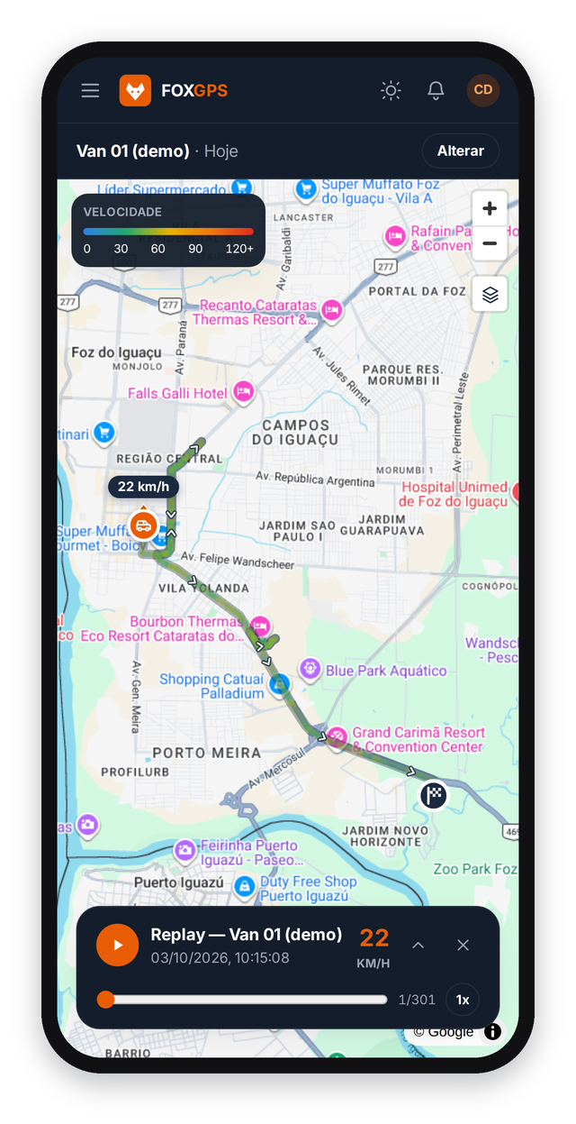 FoxGPS app on a phone in dark mode: route of Van 01 (demo) on the map, with speed legend and replay control
