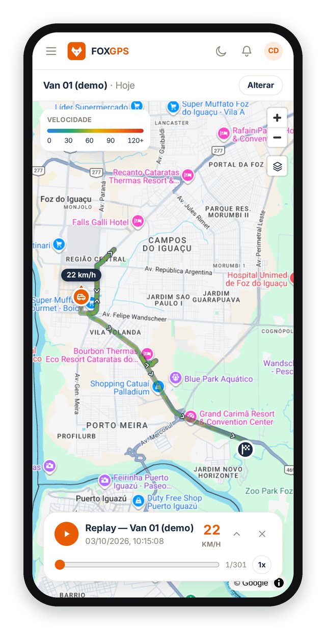 App FoxGPS no celular: replay do trajeto da Van 01 (demo) no mapa de Foz do Iguaçu, com legenda de velocidade e controles de reprodução